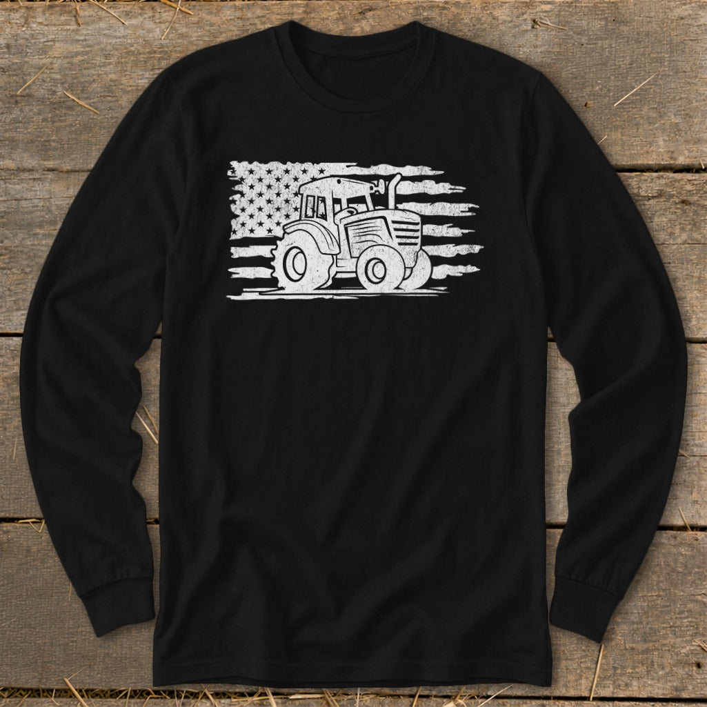 Black long-sleeve shirt with a white distressed tractor graphic over an American flag.
