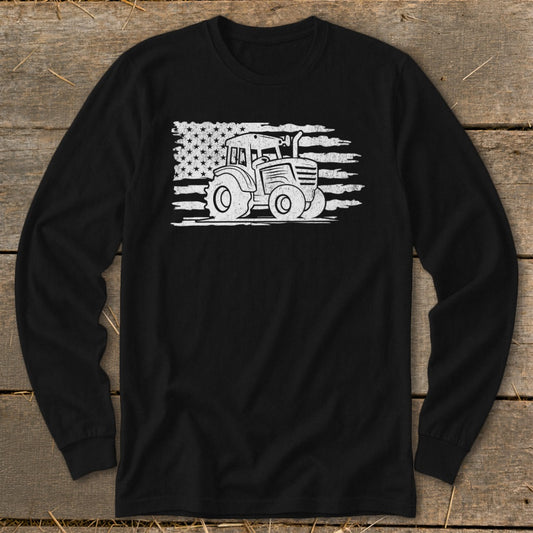 Black long-sleeve shirt with a white distressed tractor graphic over an American flag.