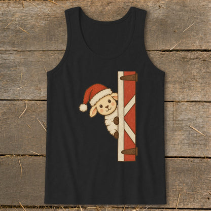 Black tank top featuring a sheep wearing a Santa hat peeking from behind a barn door.