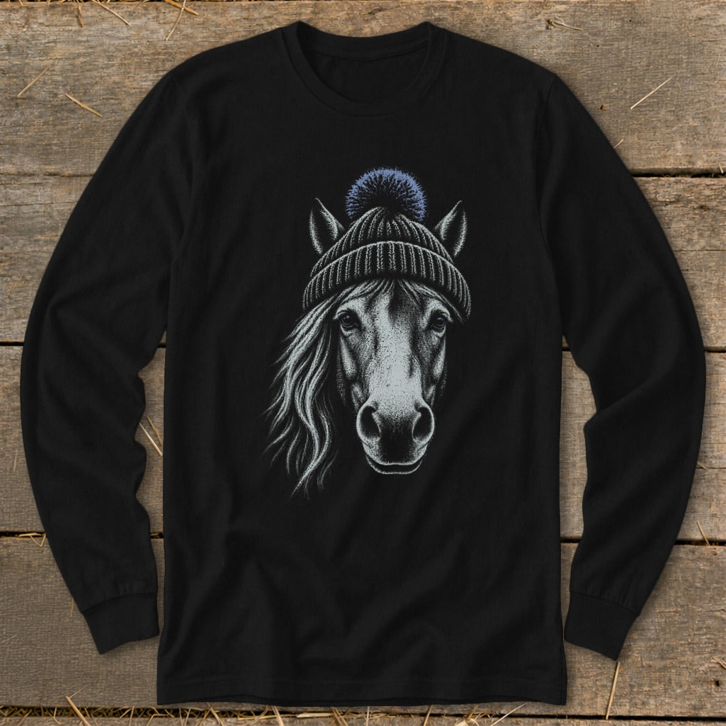 Black long-sleeve shirt featuring a drawing of a horse wearing a beanie.