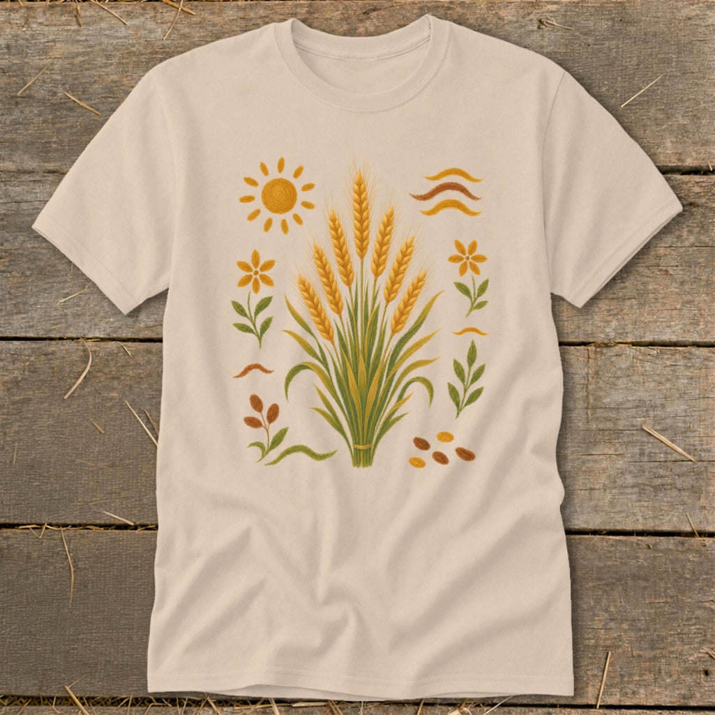Cream t-shirt with wheat stalk illustration, sun, flowers, and grains.