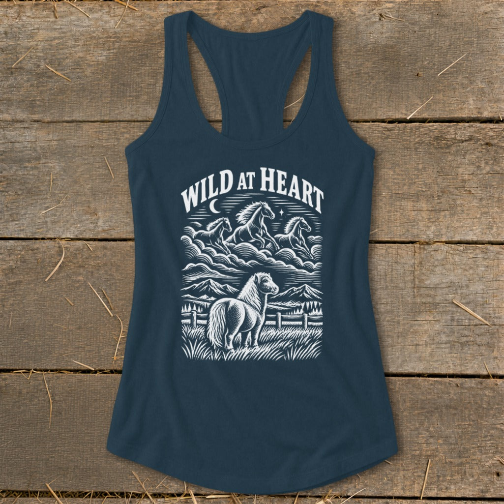 Dark blue tank top with "Wild at Heart" and horse graphic.