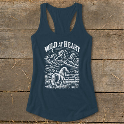 Dark blue tank top with "Wild at Heart" and horse graphic.
