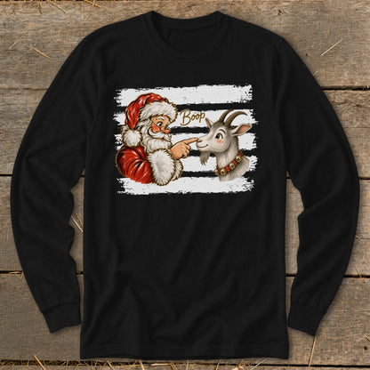 Santa Claus pointing his finger at a goat's nose with "Boop" text.