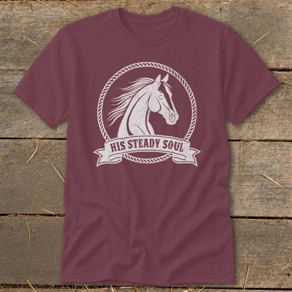 Maroon t-shirt with white horse graphic and "HIS STEADY SOUL" text.
