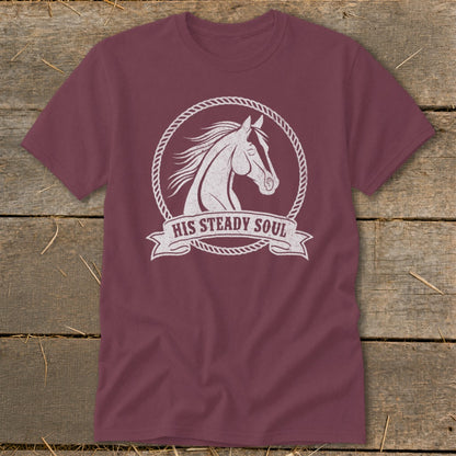 Maroon t-shirt with white horse graphic and "HIS STEADY SOUL" text.