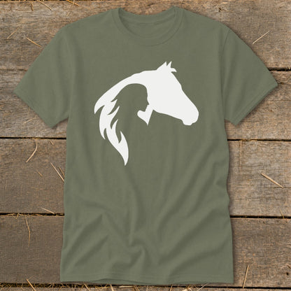 Olive green t-shirt with white silhouette of woman's profile and horse head.