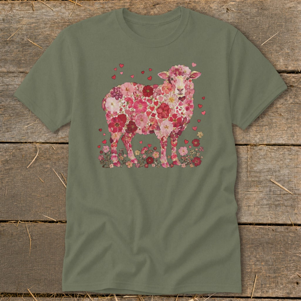 Green t-shirt with a floral sheep design made of pink and red flowers and hearts.