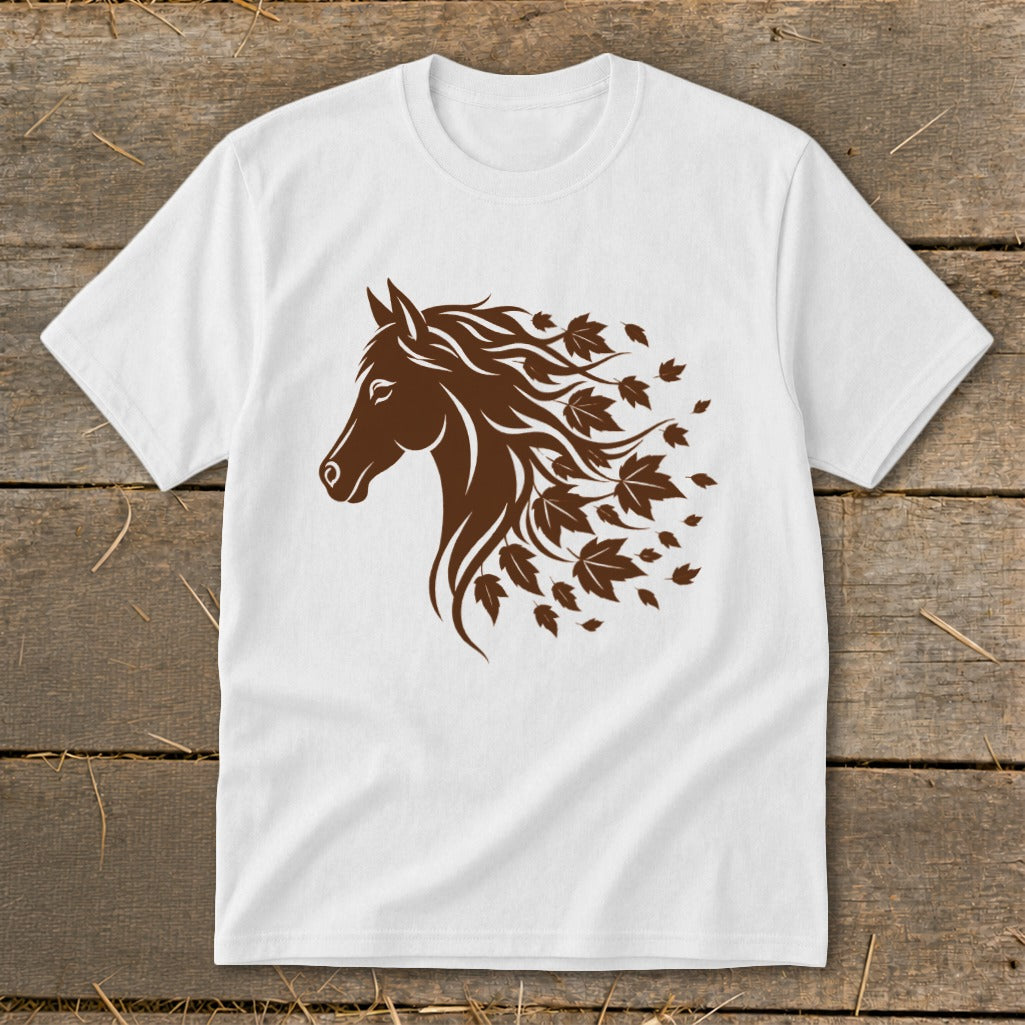 White t-shirt with brown horse head and falling leaves graphic.