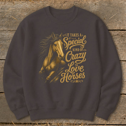 Dark grey sweatshirt with gold text and a horse graphic.