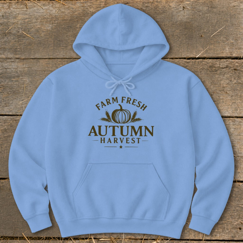 Light blue hoodie with "Farm Fresh Autumn Harvest" text and pumpkin graphic.