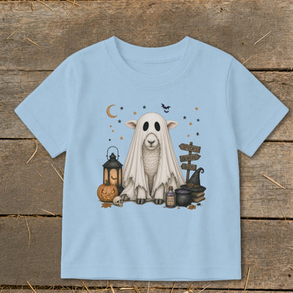 Light blue t-shirt with a Halloween graphic of a sheep in a ghost costume.