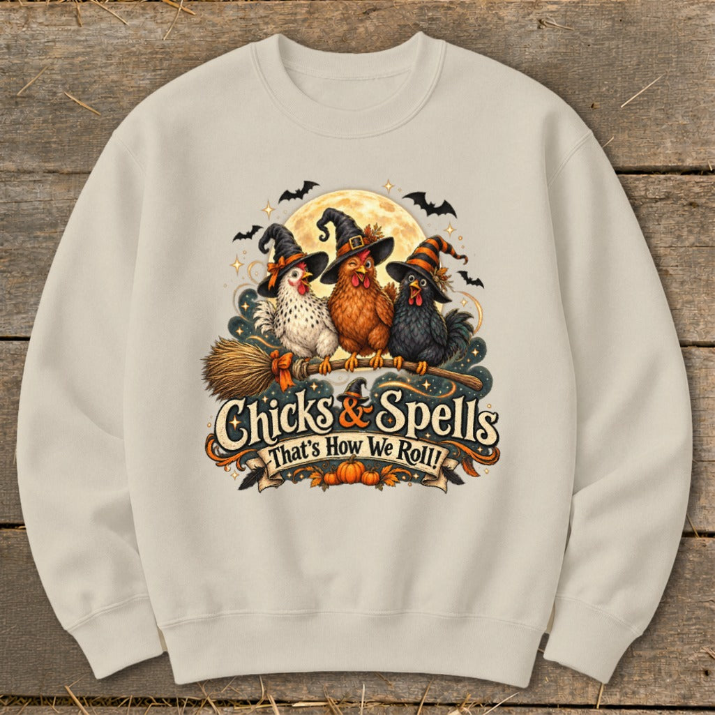 Three chickens wearing witch hats fly on a broomstick with text "Chicks & Spells That's How We Roll!".