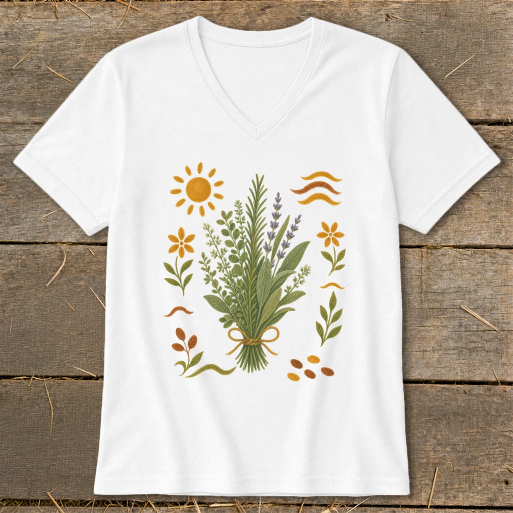 White v-neck t-shirt with a bouquet of green herbs and floral illustration.