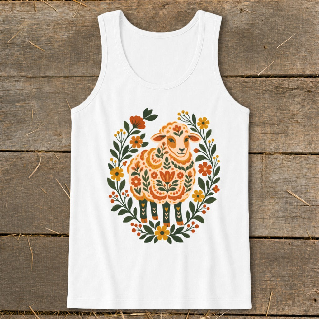 White tank top with a decorative sheep surrounded by a floral wreath.
