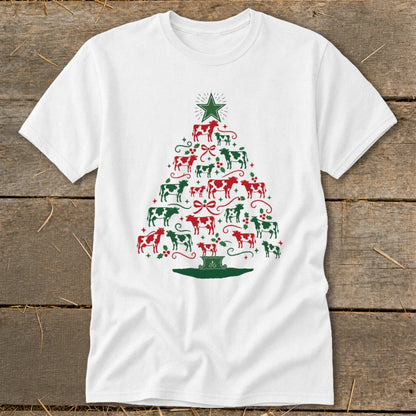 White t-shirt with a Christmas tree design made of red and green cows and ornaments.