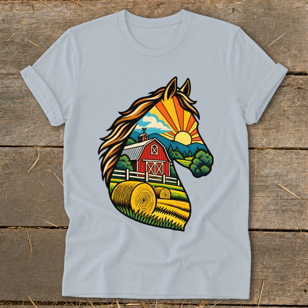 Light gray t-shirt featuring a graphic illustration of a horse silhouette filled with a farm scene.