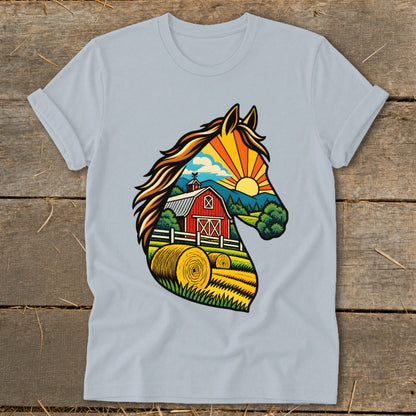Light gray t-shirt featuring a graphic illustration of a horse silhouette filled with a farm scene.