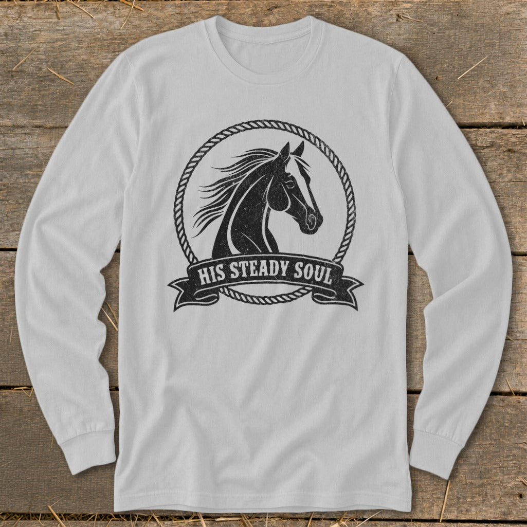 White long-sleeve shirt with a black graphic of a horse's head inside a rope circle and banner text.