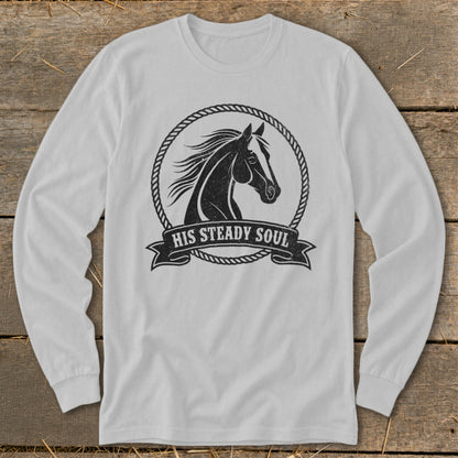 White long-sleeve shirt with a black graphic of a horse's head inside a rope circle and banner text.