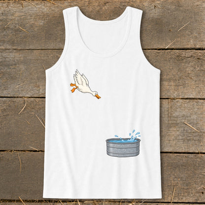 White tank top with cartoon duck jumping into a water tub.