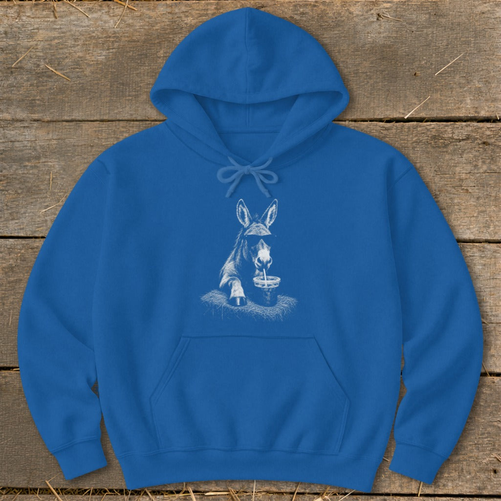 Blue hoodie with a graphic of a donkey wearing sunglasses drinking from a cup.