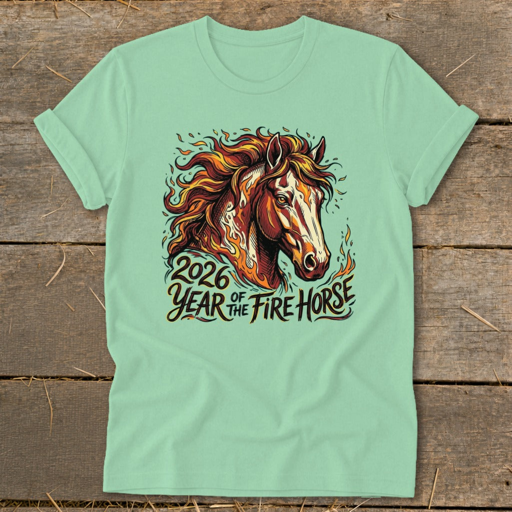 Light green t-shirt with "2026 Year of the Fire Horse" and fiery horse graphic.