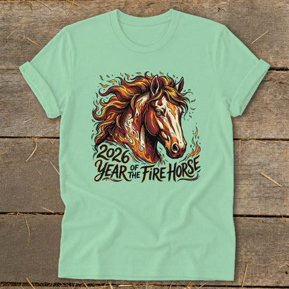 Light green t-shirt with "2026 Year of the Fire Horse" and fiery horse graphic.