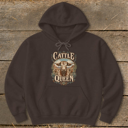 Brown hoodie with "Cattle Queen" text and a longhorn bull illustration.