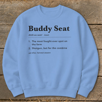 Light blue sweatshirt with "Buddy Seat" definition text.