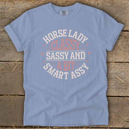 Light blue t-shirt with "HORSE LADY CLASSY SASSY AND A BIT SMART ASSY" text.