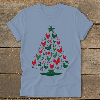 Light blue t-shirt with Christmas tree made of red and green chickens.