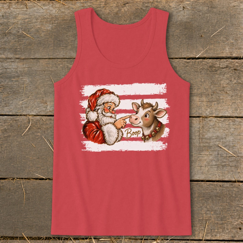 Santa booping a cow's nose with "Boop" text on a red tank top.
