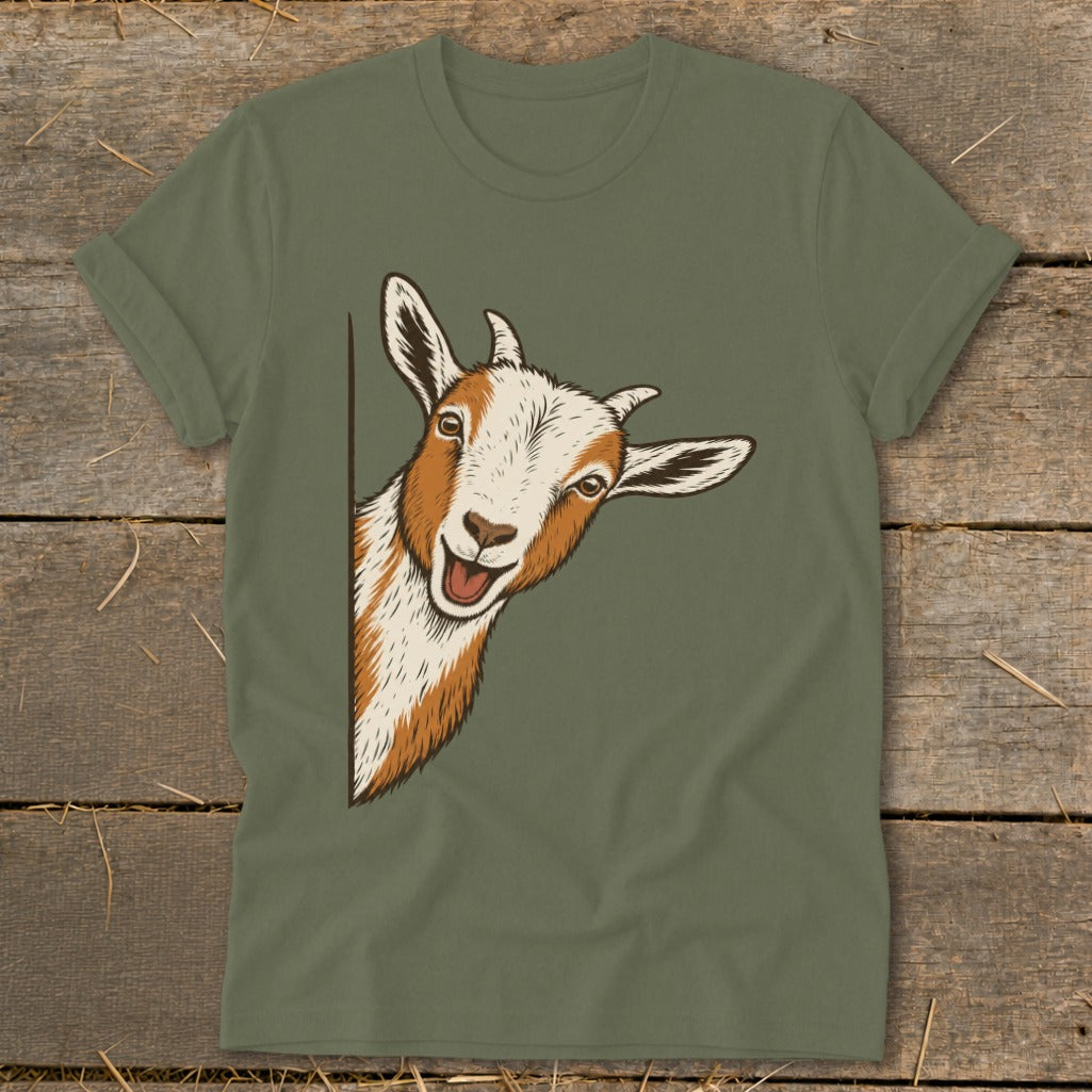 Olive green t-shirt with a drawing of a curious goat peeking from the side.