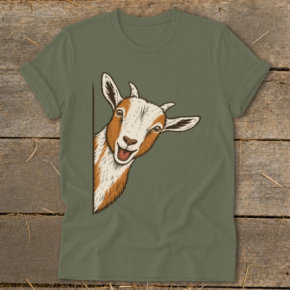 Olive green t-shirt with a drawing of a curious goat peeking from the side.