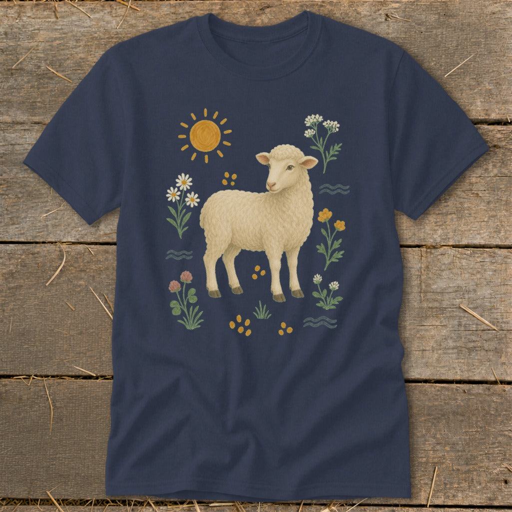 Navy t-shirt with a cream sheep illustration surrounded by flowers and a sun.