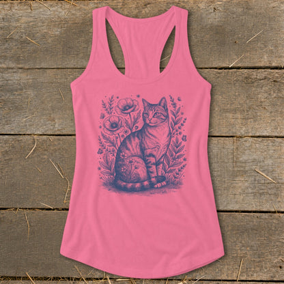 Pink tank top with a blue sketch of a tabby cat sitting amongst poppies and foliage.