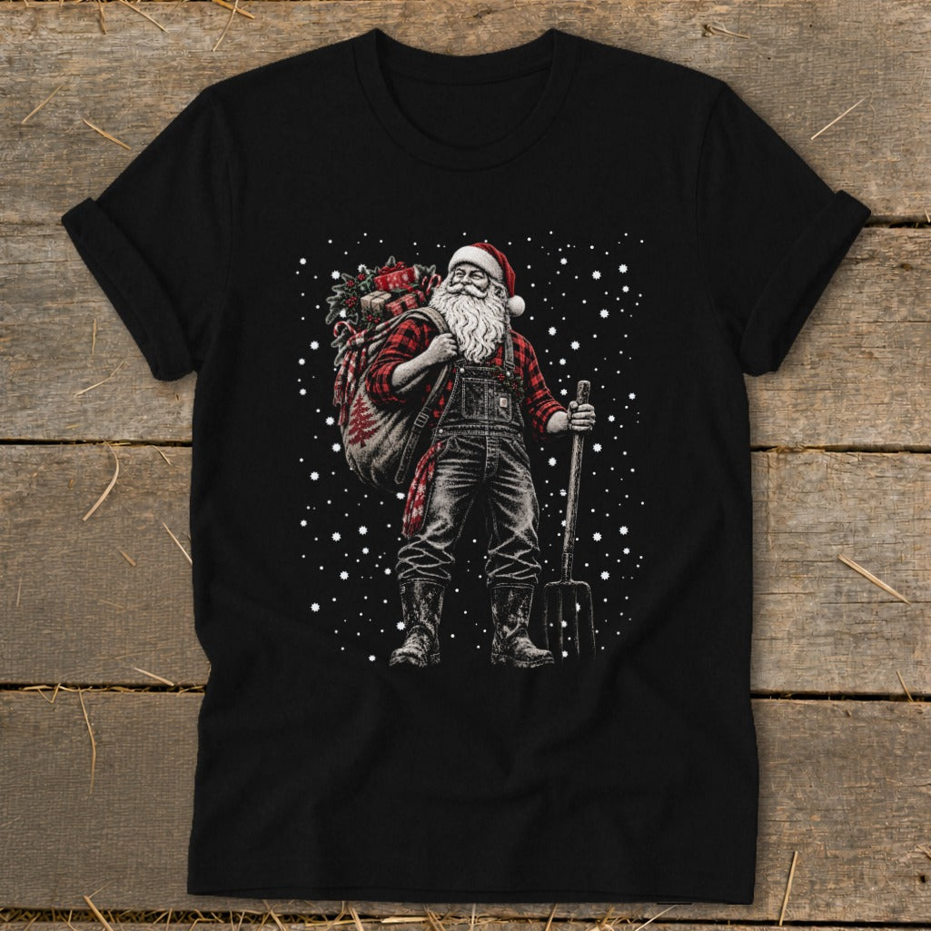 Santa in overalls carries a sack of gifts and holds a pitchfork amid falling snow.