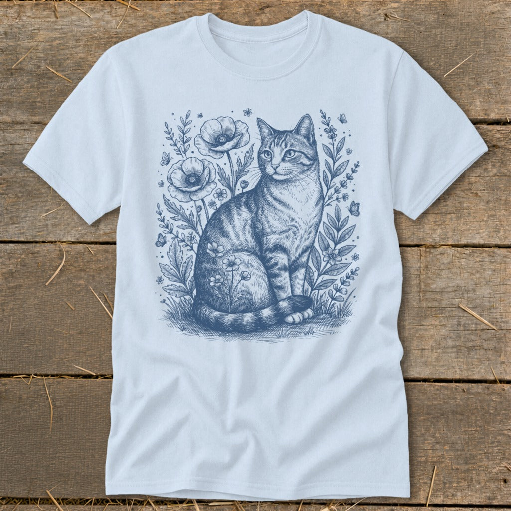 Tabby cat sitting in a field of flowers and butterflies, illustrated in blue ink.