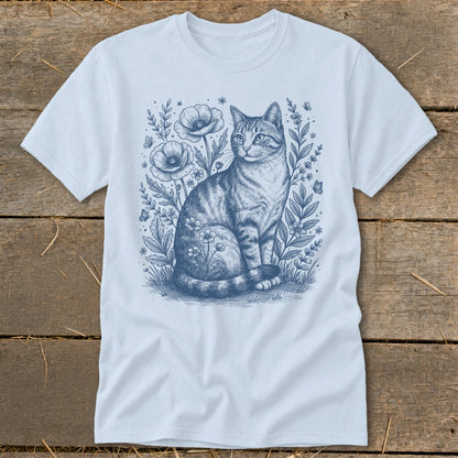 Tabby cat sitting in a field of flowers and butterflies, illustrated in blue ink.