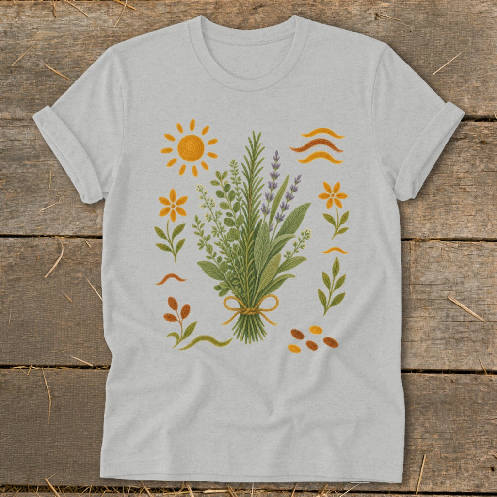 Light gray t-shirt with a central bouquet of herbs and surrounding sun, flowers, and leaves.