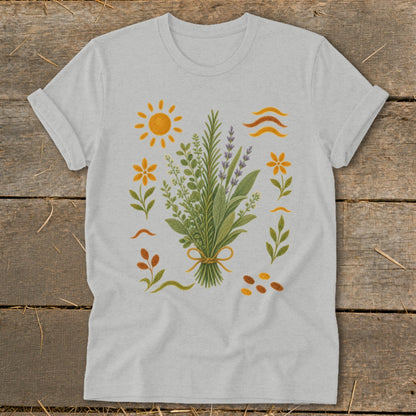 Light gray t-shirt with a central bouquet of herbs and surrounding sun, flowers, and leaves.