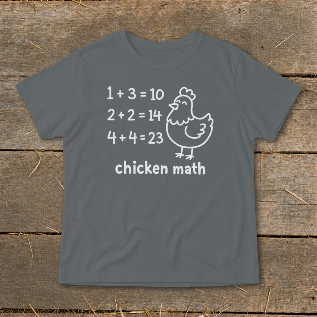 T-shirt with "chicken math" text and math problems, featuring a cartoon chicken.