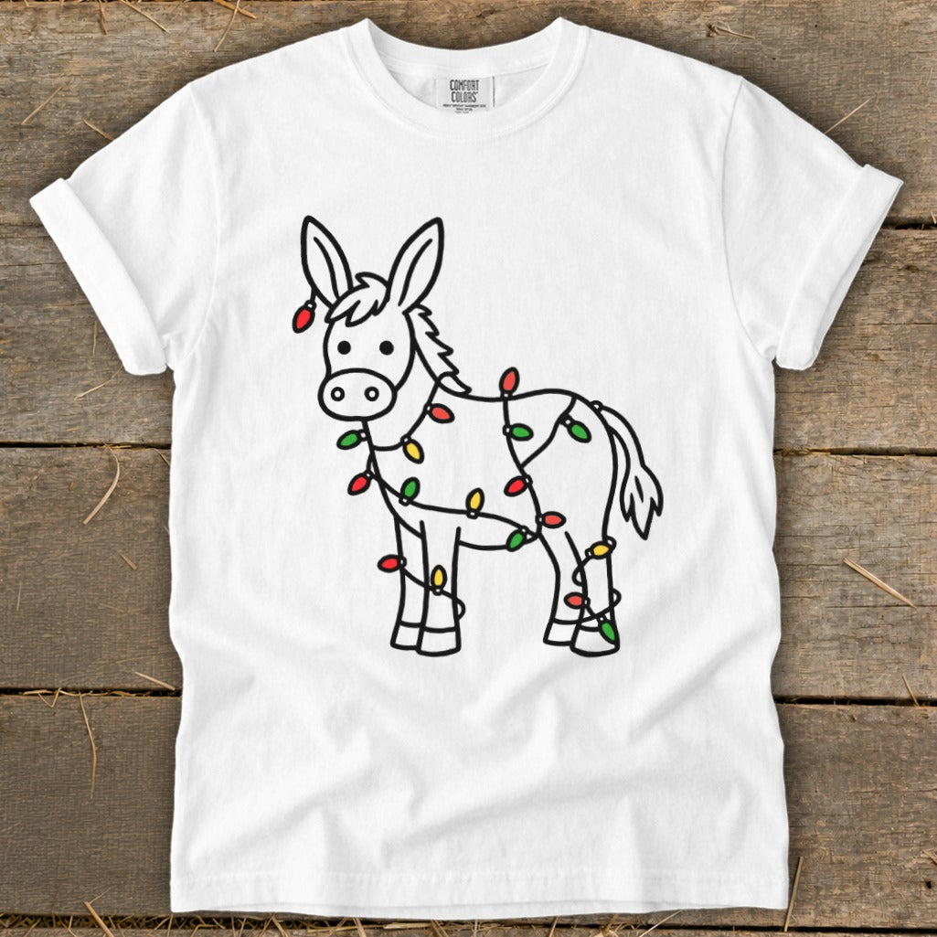 Donkey outline with colorful Christmas lights on white t-shirt