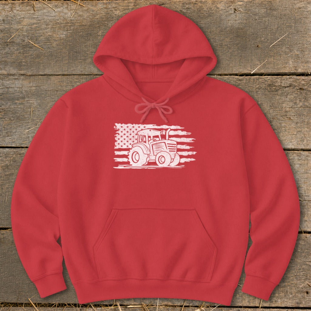 Red hoodie with white graphic of a tractor superimposed on an American flag.