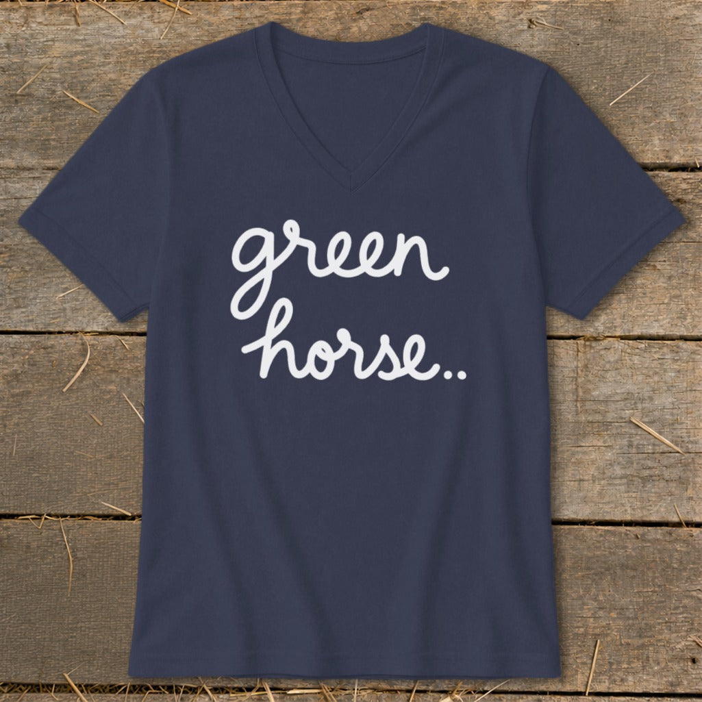 Navy v-neck t-shirt with white cursive text "green horse..".
