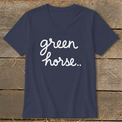 Navy v-neck t-shirt with white cursive text "green horse..".
