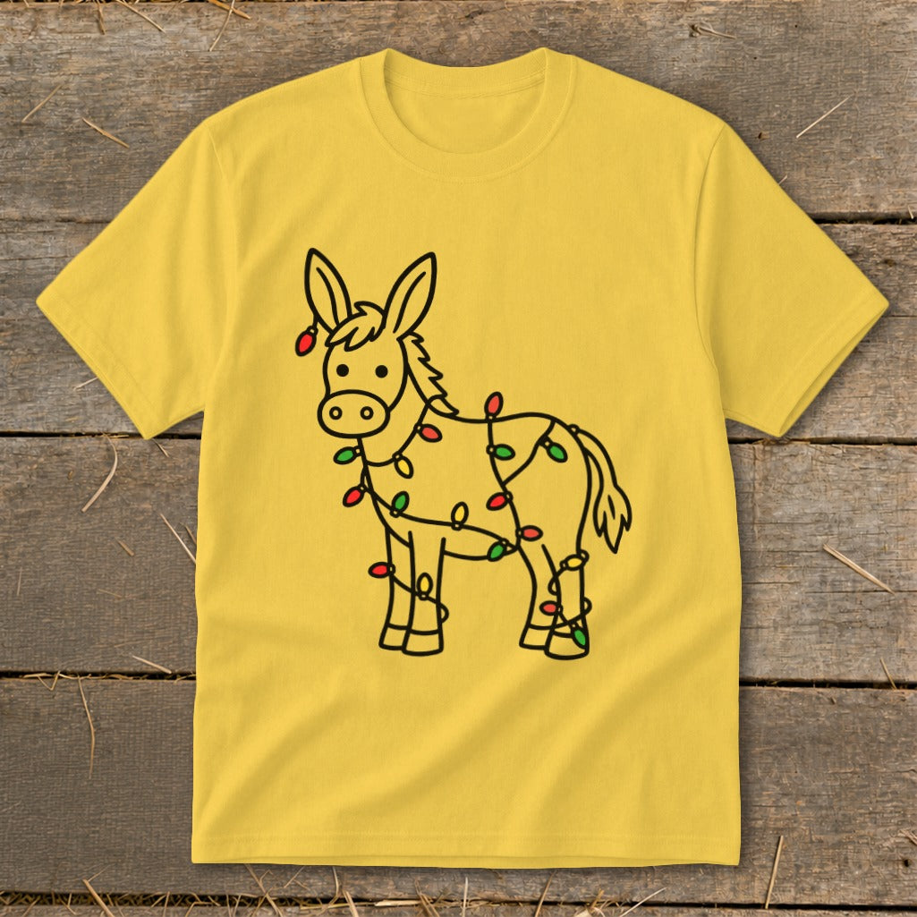 Yellow t-shirt with a cartoon donkey wrapped in red and green Christmas lights.