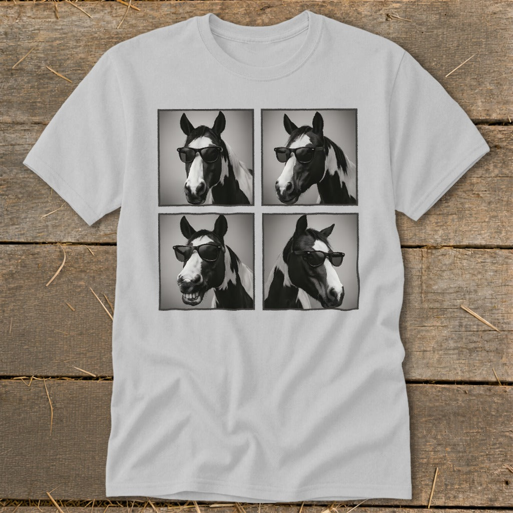 Four black and white portraits of a horse wearing sunglasses on a t-shirt.