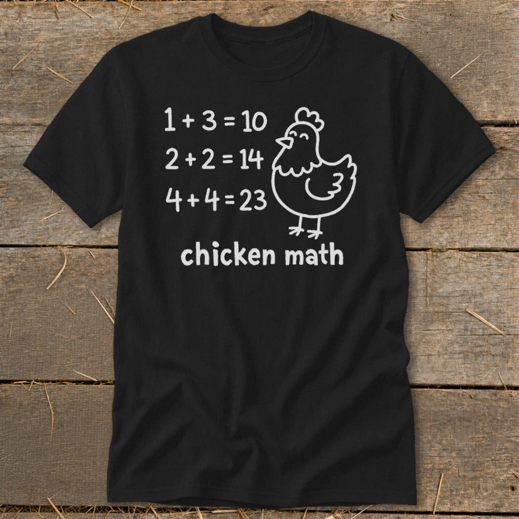 Black t-shirt with white text and chicken graphic reading "chicken math".